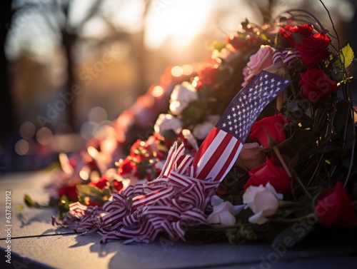 A memorial wreath against the backdrop of fluttering flags, honoring sacrifice