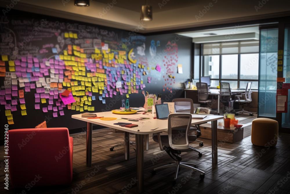 Modern creative office with a whiteboard with post - it notes an