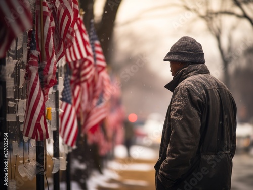 A moment of reflection at a United States flag-covered war memorial