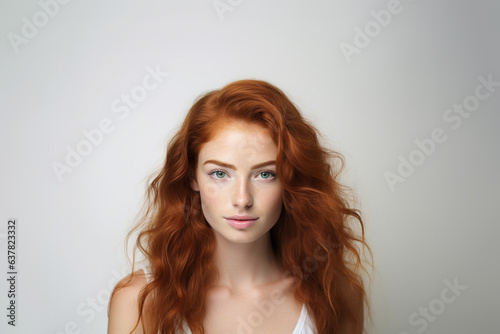 Beautiful young woman with long wavy red hair, smiling, dressed casually, looking at the camera. A good-looking beautiful woman isolated on a blank white wall.