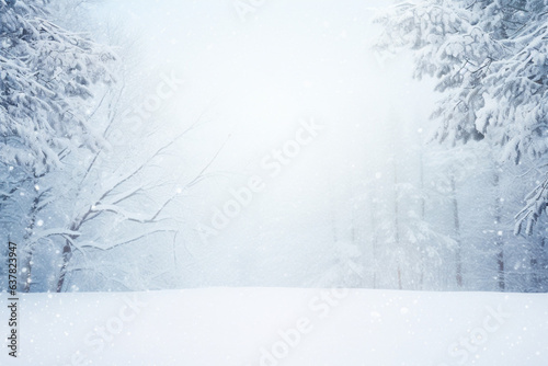 Winter forest background with snow-covered coniferous trees and place for text. AI generated © tiena