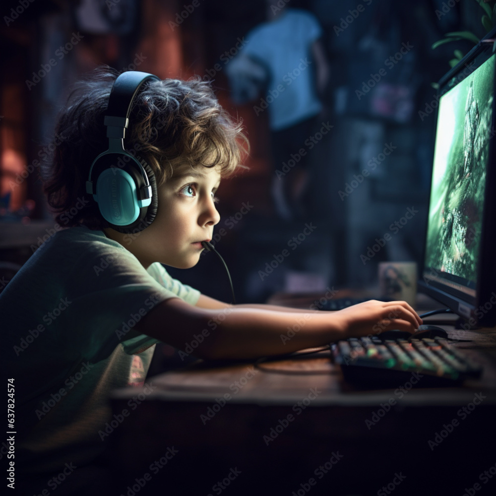 child in front of a computer screen with headphones playing a computer game in a dark room child in front of a computer screen with headphones playing a computer game in a dark room