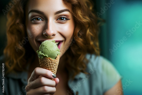 Wallpaper Mural a young woman eating green tea ice cream on a waffle corn Torontodigital.ca