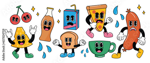 Set of 70s groovy element food and fruit concept vector. Collection of cartoon character, doodle smile face, cherry, cheese, pizza, bread. Cute retro groovy hippie design for decorative, sticker