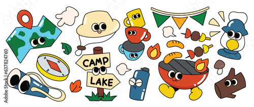 Set of 70s groovy element in camping concept vector. Collection of cartoon character, doodle smile face, lantern, flag,map, compass, binocular. Cute retro groovy hippie design for decorative, sticker.