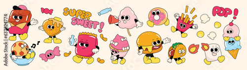 Set of 70s groovy element food and dessert concept vector. Collection of cartoon character, doodle smile face, chocolate, cupcake, hamburger. Cute retro groovy hippie design for decorative, sticker