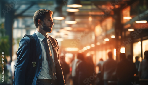 Businessman in a suit walking in an office hall Splash blur, blur effect. © toodlingstudio