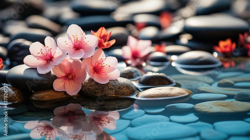 Balance and relaxation background  balancing pebbles in water with flower 