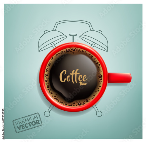 Vector drawing of foamy coffee, red alarm clock, coffee time
