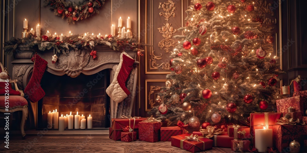 Fototapeta premium AI Generated. AI Generative. Merry Christmas Xmas New Year home interior architecture decoration background. Family cozy home party holiday eve night time