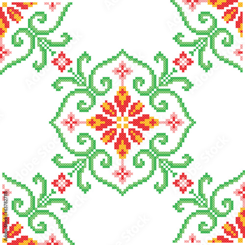 seamless pattern with flowers. tribal local fabric pattern. pixel cross stitch. knitted