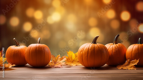 Pumpkins and autumn leaves on a brown wooden table in front of bokeh background of autumn trees with shiny of sunlight. AI generated