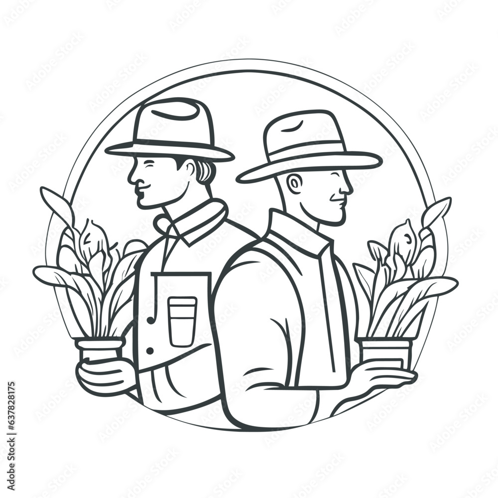 two gardeners in profile wearing fedora hats and overalls, with a vase in the center containing a pl, vector illustration line art