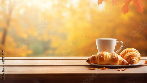 A cup of coffee and croissant on a wooden table with an autumn blurred background with a place for text. AI generated
