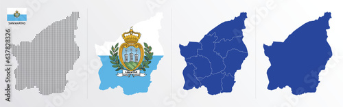 Set of political maps of San Marino with regions isolated and flag on white background. San Marino map blue color vector illustration.