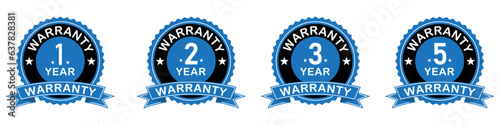 Set of warranty label sticker blue and black color. 1, 2, 3, 5 years warranty label or seal flat icon set in blue and black color vector illustration.