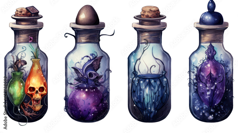 Halloween watercolor hand drawn illustration of magic potion bottles isolated on white transparent background
