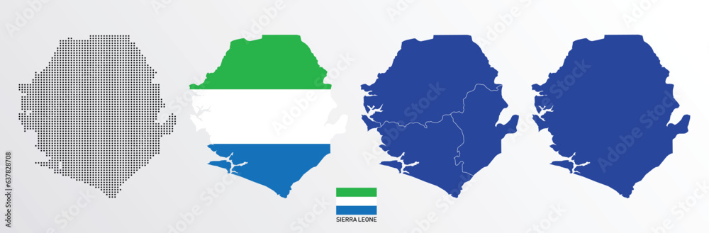 Set of political maps of Sierra Leone with regions isolated and flag on ...