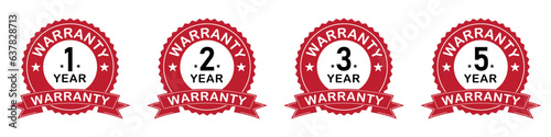 Set of warranty label sticker red, black and white color. 1, 2, 3, 5 years warranty label or seal flat icon set in red, black and white color vector illustration.