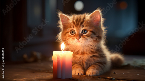 Little cute cat with glow of golden candles in the evening shines beautifully.