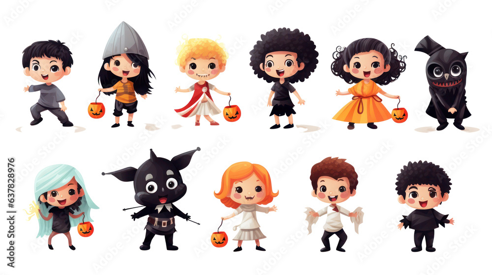 Halloween theme with group of kids in costumes and pumpkins illustration isolated on white transparent background Halloween theme with group of kids in costumes and pumpkins illustration isolated on white transparent background