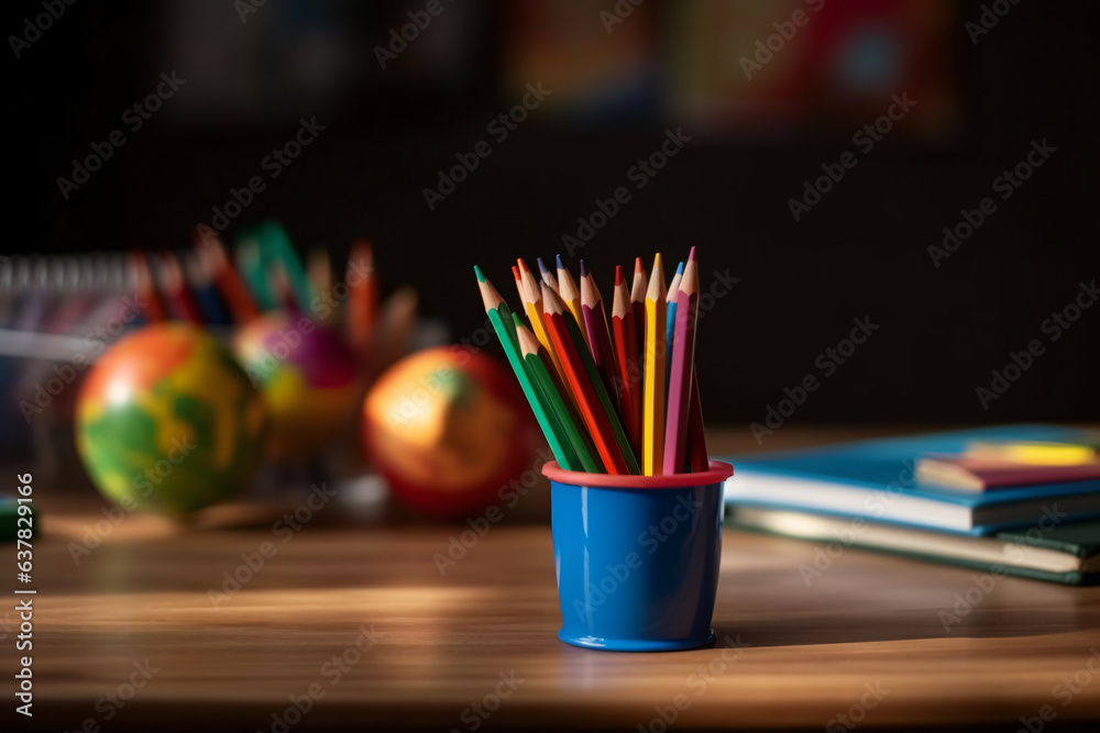 Books stacked on top of each other, An app placed on the top of the book stack, with color pencils in mug or pencil holder Books stacked on top of each other, An app placed on the top of the book stack, with color pencils in mug or pencil holder