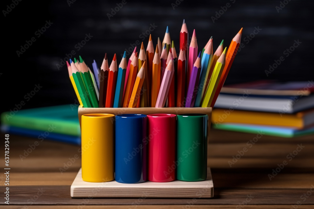 Books stacked on top of each other, An app placed on the top of the book stack, with color pencils in mug or pencil holder 