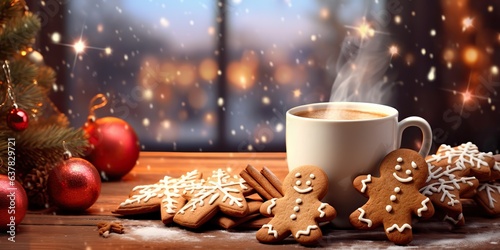 AI Generated. AI Generative. Merry Christmas Xmas New Year gingerbread sweet cookies with chocolate cocoa coffee on wooden table mockup decoration. Can be used for night eve celebration vibe