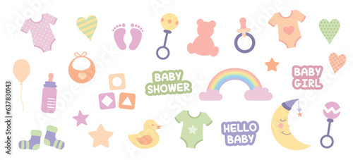 colorful set of baby utensils baby girl collection isolated on white vector illustration EPS10