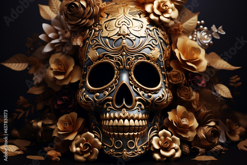 Gilded Blooms, Vibrant Sugar Skull with Delicate Floral Embellishments Against a Dark Background