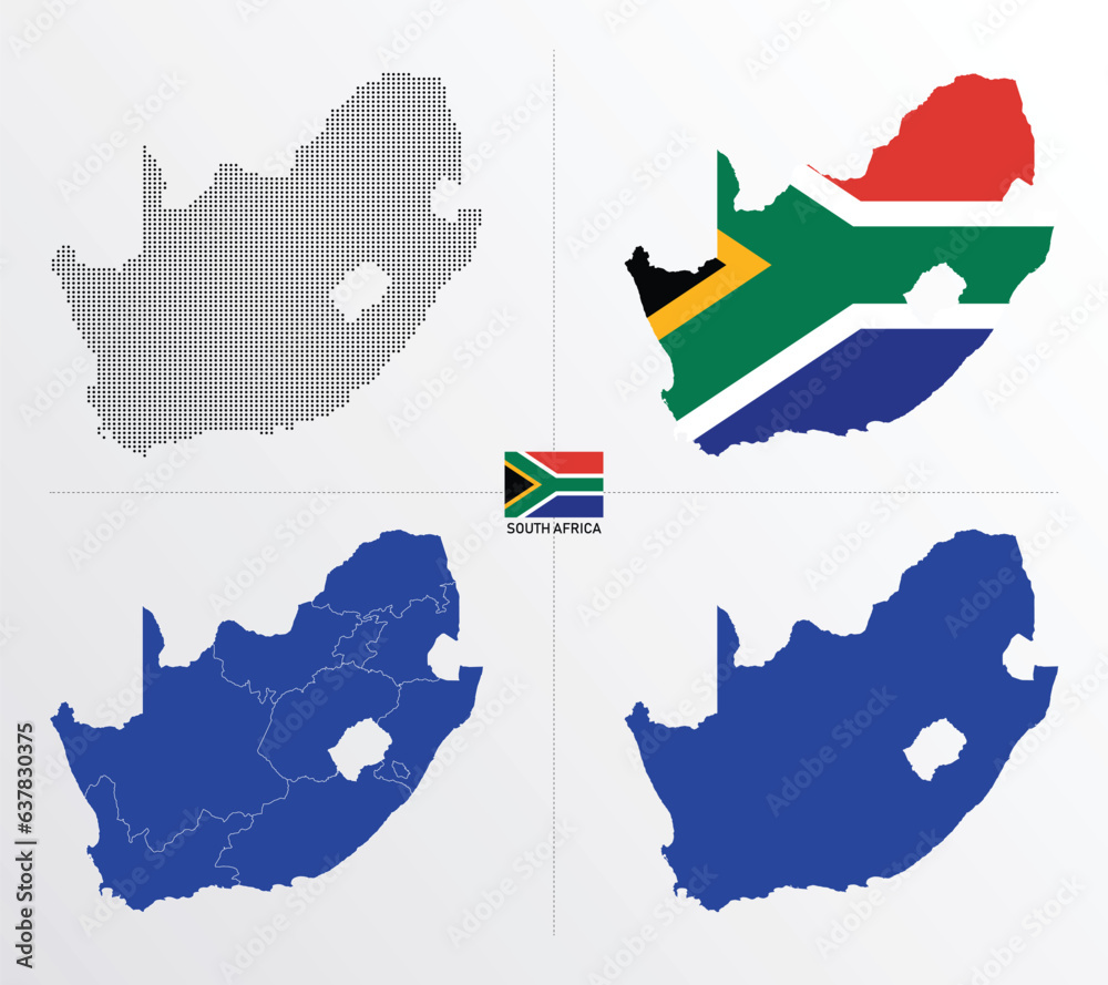Set of political maps of South Africa with regions isolated and flag on