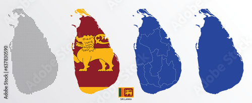 Set of political maps of Sri Lanka with regions isolated and flag on white background. Sri Lanka map blue color vector illustration.