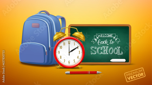 Alarm clock, school blackboard, school bag, back to school pencil vector