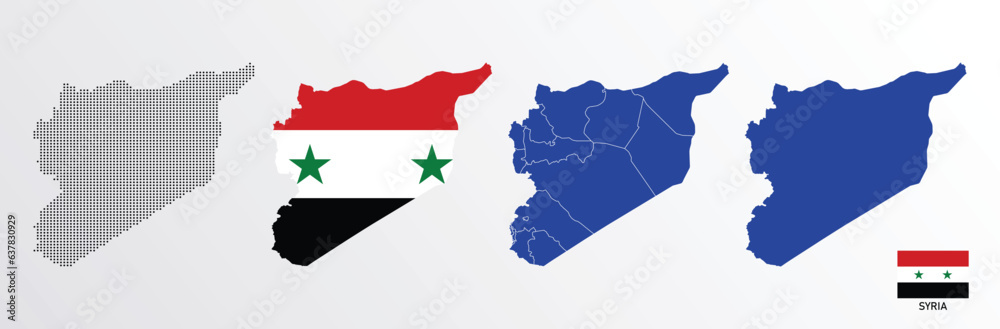 Set of political maps of Syria with regions isolated and flag on white background. Syria map blue color vector illustration.