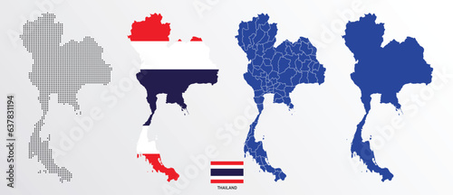 Set of political maps of Thailand with regions isolated and flag on white background. Thailand map blue color vector illustration.