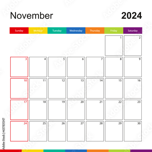 November 2024 colorful wall calendar, week starts on Sunday.