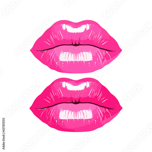 Glossy colored and sexy pink lips. Vector illustration isolated on white background. Hot girl kiss sticker lips with pink lipstick glamour barbie style