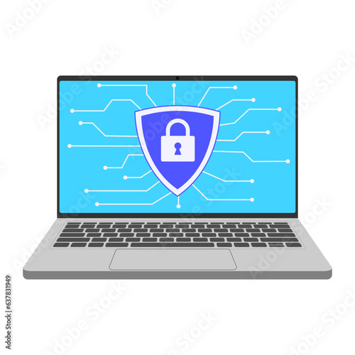 Computer internet security. Traffic encryption, VPN, privacy antivirus protection hack, blue background shield, design, vector, flat style.