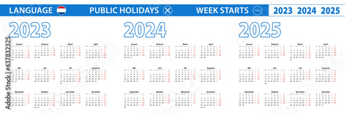 Simple calendar template in Dutch for 2023, 2024, 2025 years. Week starts from Monday.