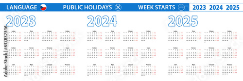 Simple calendar template in Czech for 2023, 2024, 2025 years. Week starts from Monday.