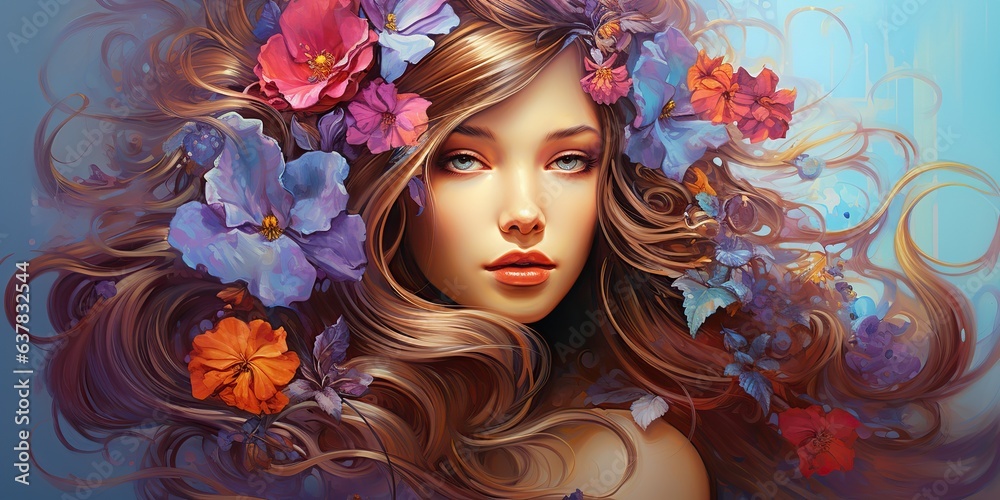 AI Generated. AI Generative. Beautiful female woman portrait face with flowers in the hair. Beauty makeup fashion concept. Can be used for fashion industry promotion