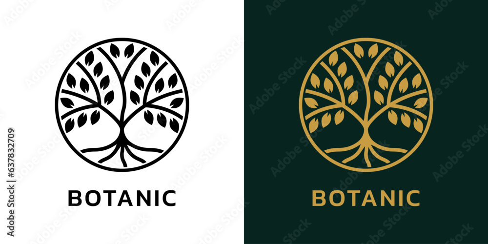 Fototapeta premium Tree with roots icon or logo. Abstract nature symbol. Modern round emblem design. Plant, eco, natural, organic, bio concept. Vector illustration.