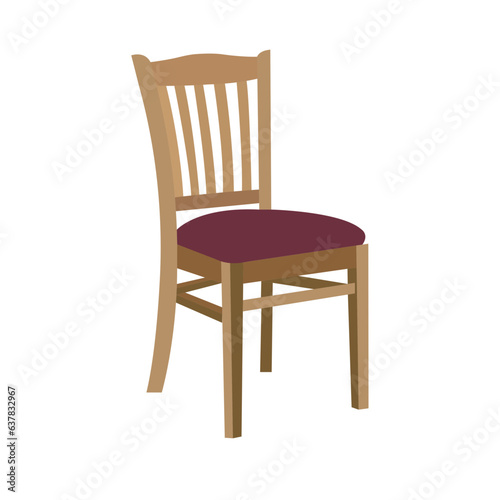 Brown wooden chair with backrest and soft beige seat. Furniture for dining room. Flat vector design.