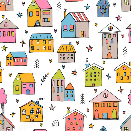 Cute kids seamless pattern with hand drawn houses. Buildings. Doodle style. Texture for fabric, wrapping, wallpaper, textile