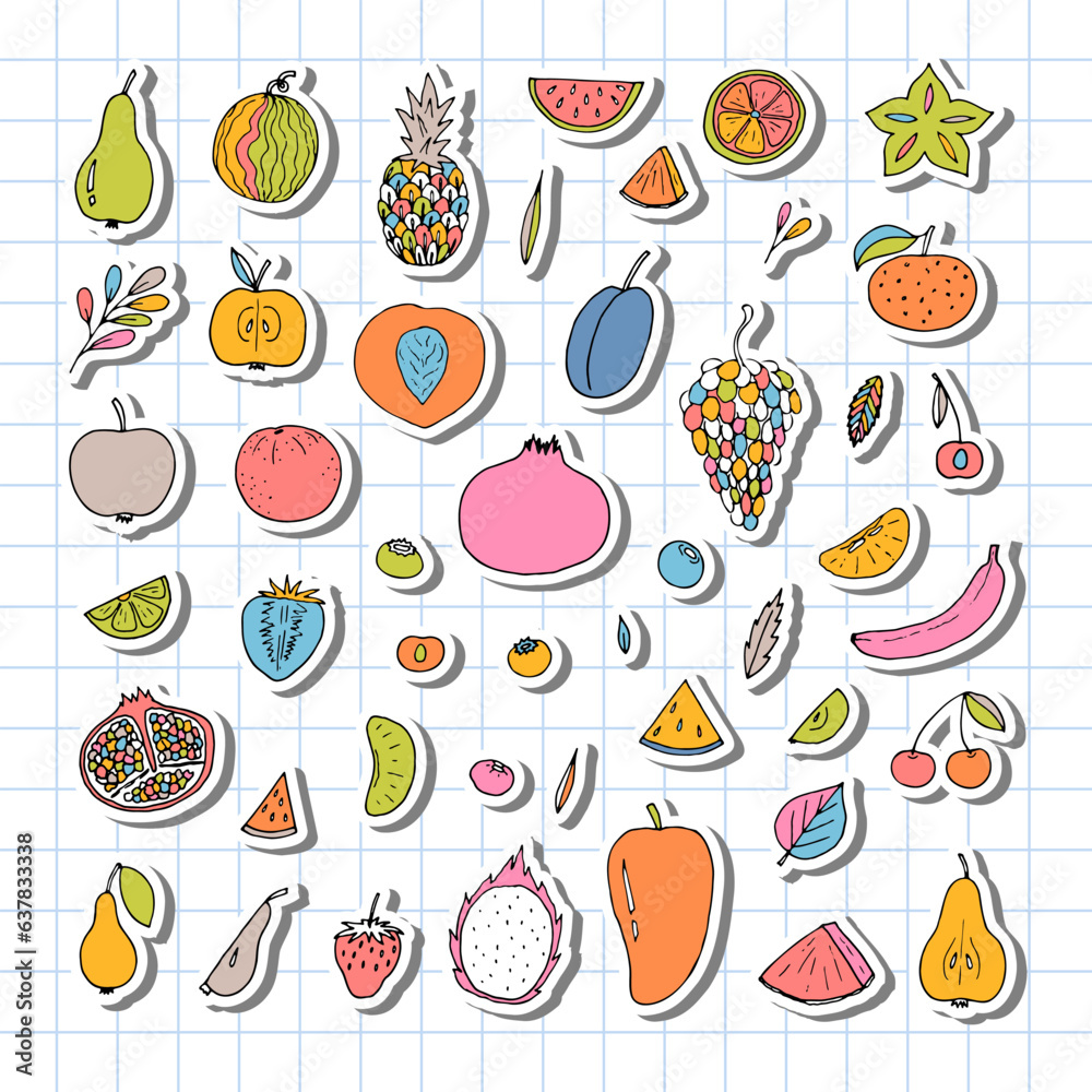 Set of hand drawn fruit and berries icons. Summer coloured fruit collection. Sketch, doodle. Stickers Set of hand drawn fruit and berries icons. Summer coloured fruit collection. Sketch, doodle. Stickers