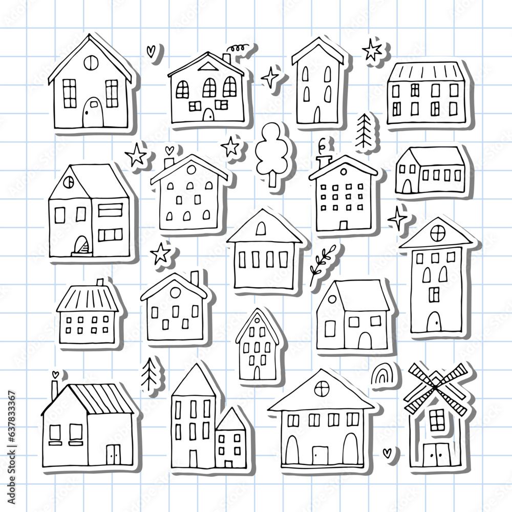 Set of hand drawn houses. Collection of sketched buildings. Doodle style. Stickers