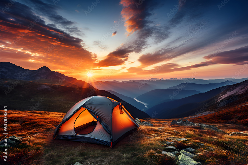 A campsite tent is pitched in the mountainous terrain