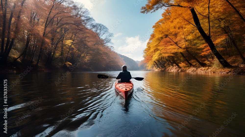 A kayaker floats down the river in the autumn forest 1 A kayaker floats down the river in the autumn forest 1