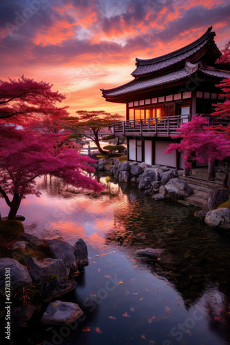 Beautiful Spring Japanese Garden at Sunset