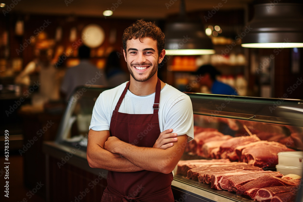 Young smiling woman/man butcher standing at the meat counter. AI generativ. Young smiling woman/man butcher standing at the meat counter. AI generativ.